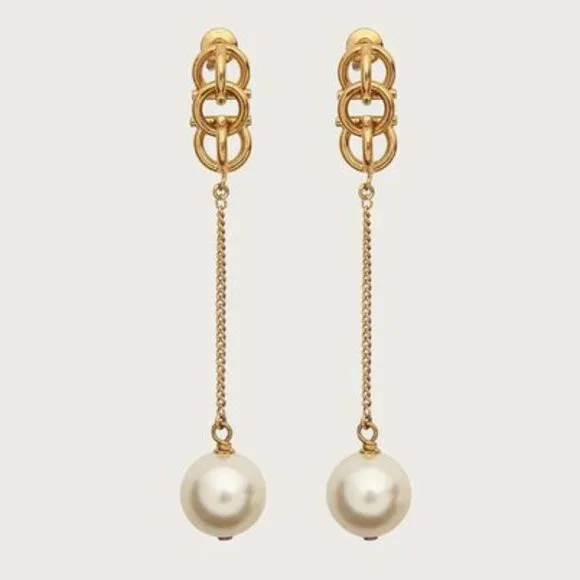 Salvatore Ferragamo Gancini Chain Drop Earrings With Pearl In Gold NEW IN BOX - Picture 13 of 15